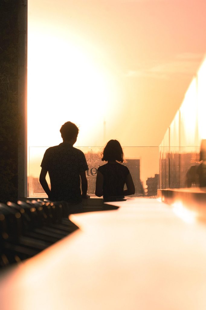 darling, terrace, buildings, people, shades, sun, sunset, afternoon, orange, nature, glow, light